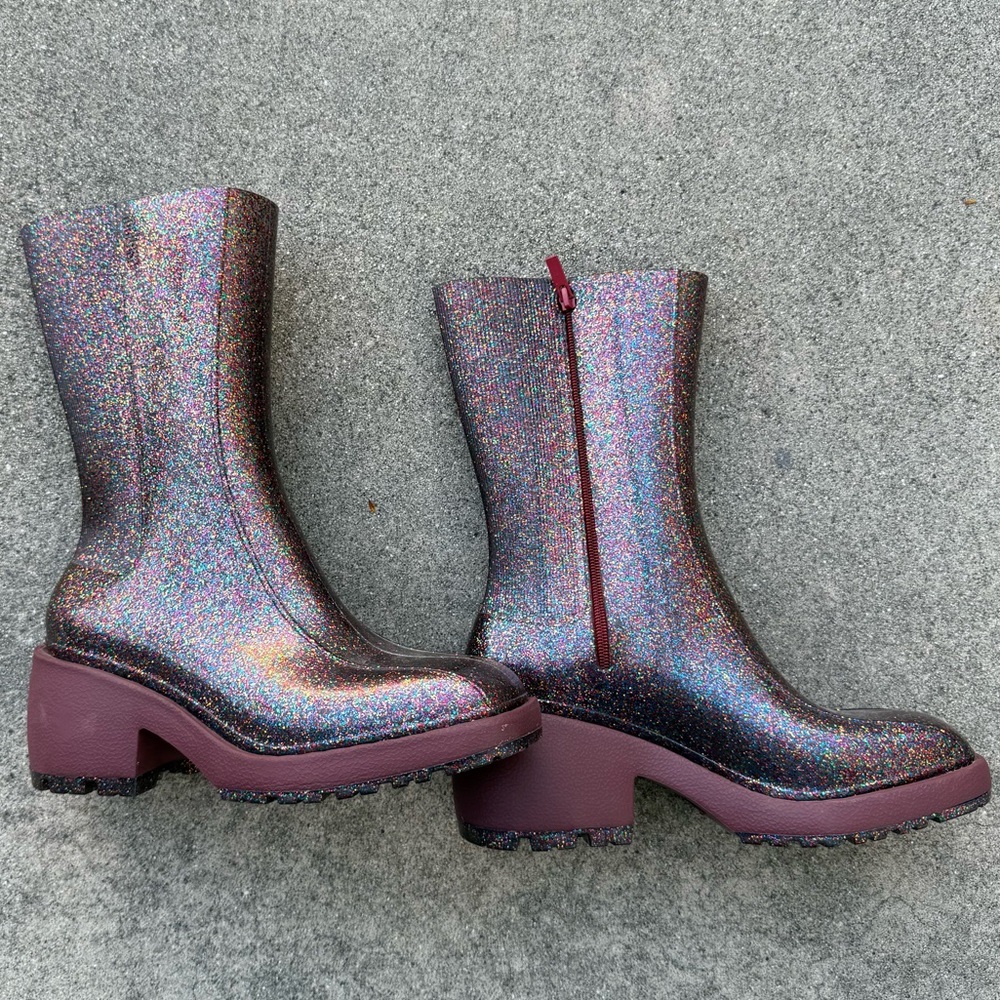 Melissa Nancy Boots Pink Glitter Chunky Rubber Rain Boots Y2K Rave Punk - Size 9 - Picture 2 of 13